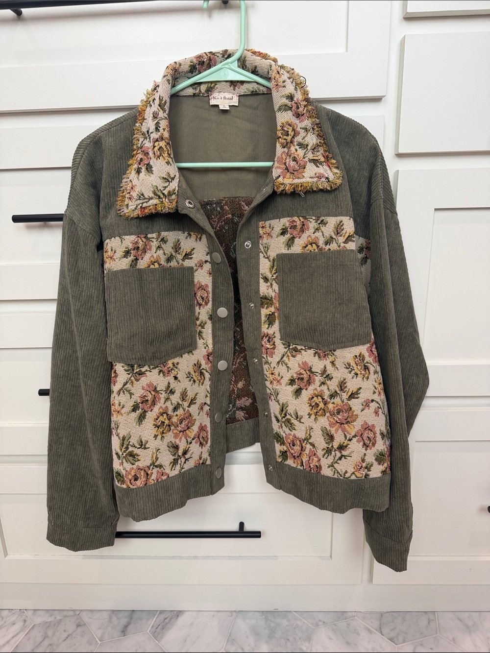 Hem & Thread Olive Corduroy Jacket with Floral Tapestry Panels
